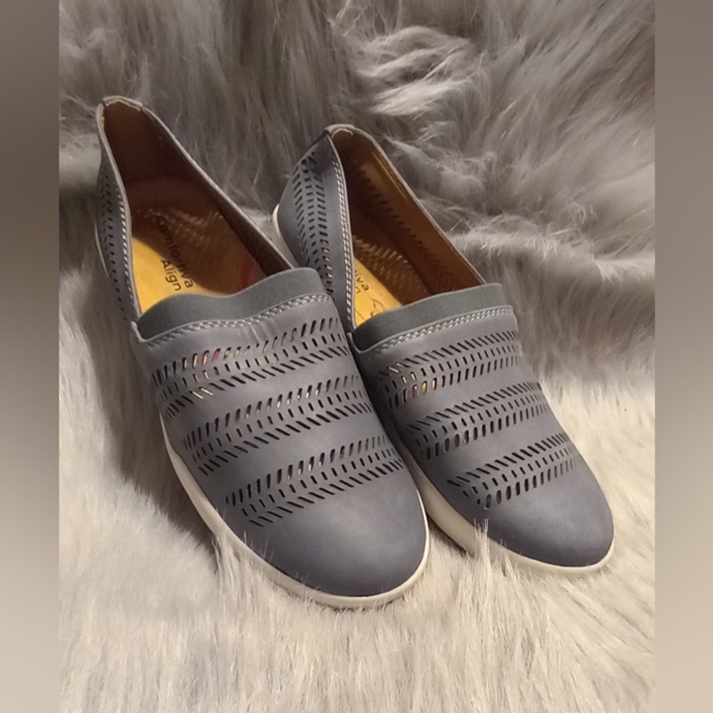 Leather slate blue slip ons.